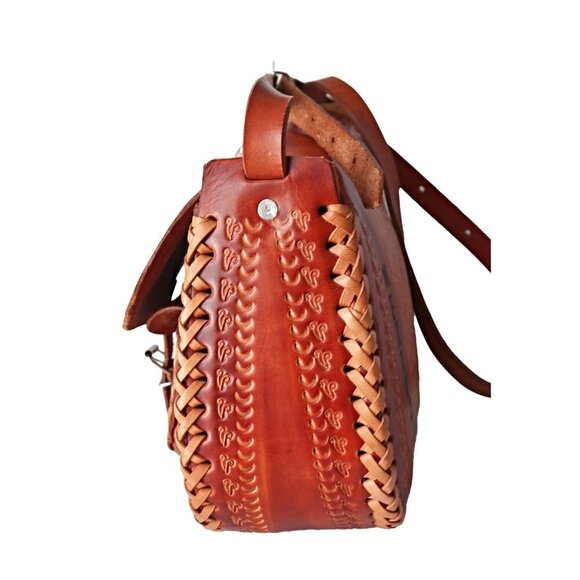 Vintage Handcrafted Mexican Leather Crossbody Bag With Floral & Aztec - Picture 3 of 8